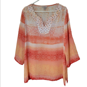 Roz & Ali V Neck Tunic Coral & White Sheer Tunic Top Roll Tab 3/4 Sleeve Size 1X